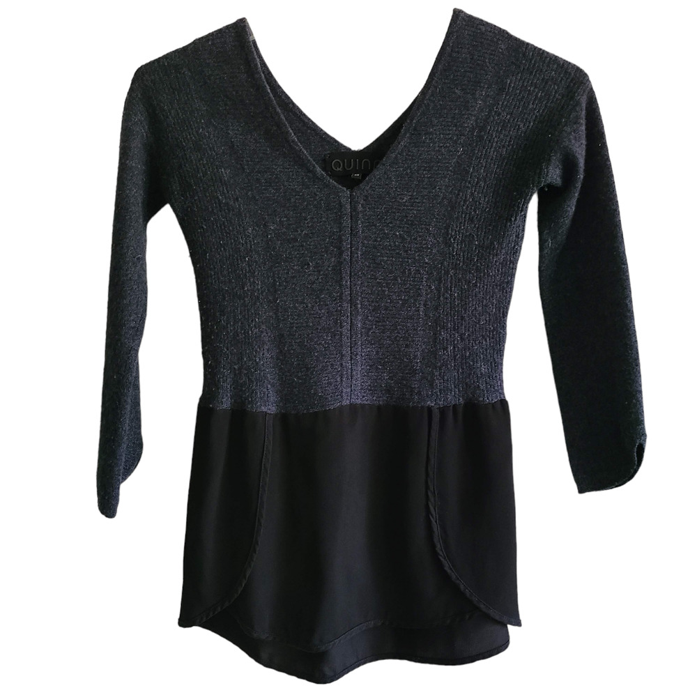 QUINN Cashmere Blend Double V Neck Peplum Sweater Charcoal Gray Black Women's XS